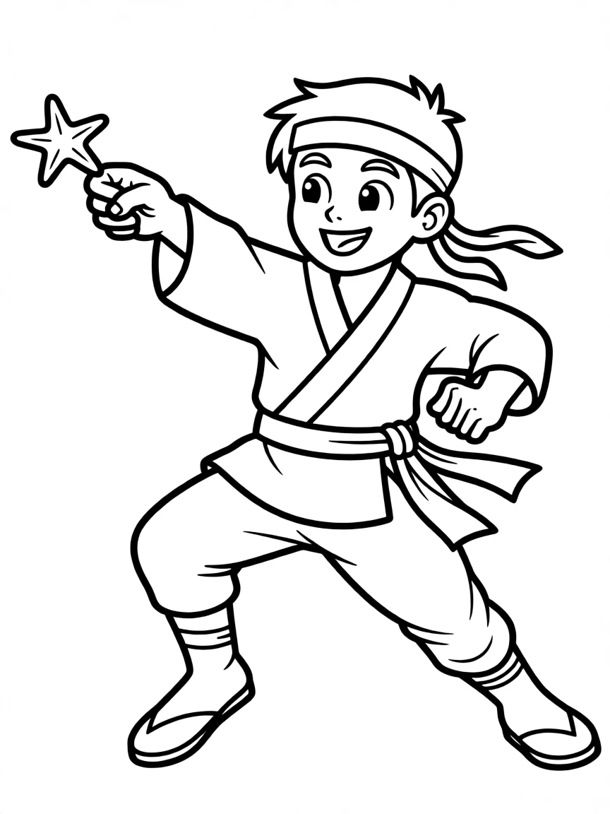 A cute drawing of a happy ninja throwing a shuriken.