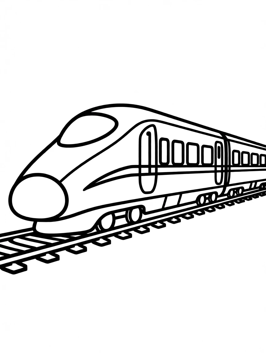 A drawing of a simplified bullet train zooming past.