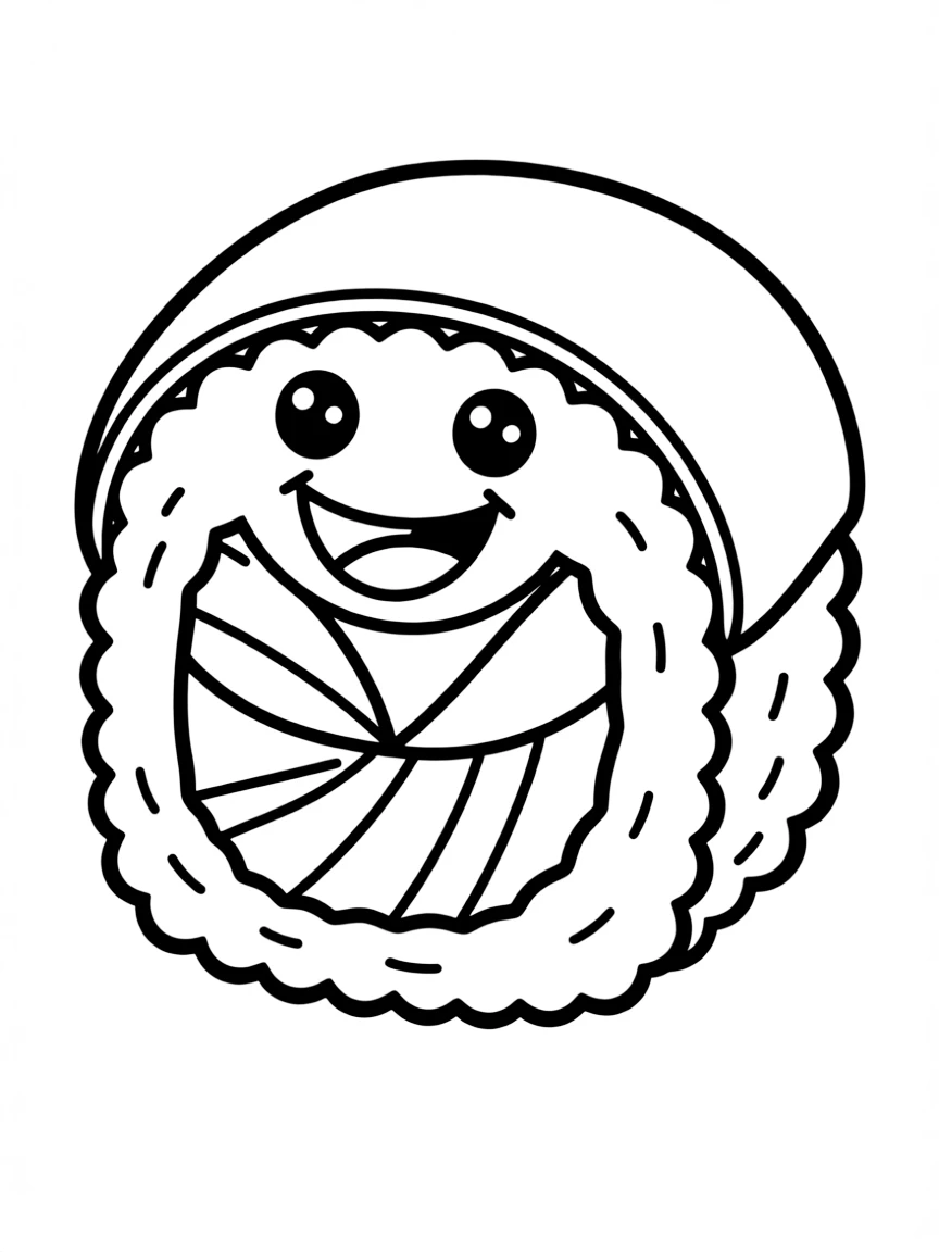 A simple outline of a sushi roll with a happy face.