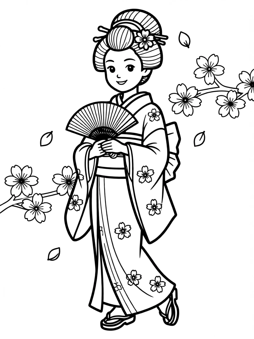 A cartoon-style drawing of a cheerful geisha with a fan.