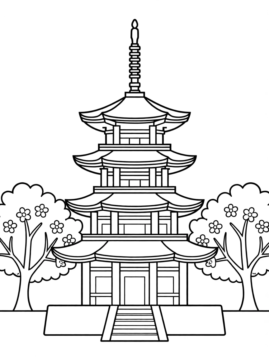 A simplified drawing of a Japanese pagoda.