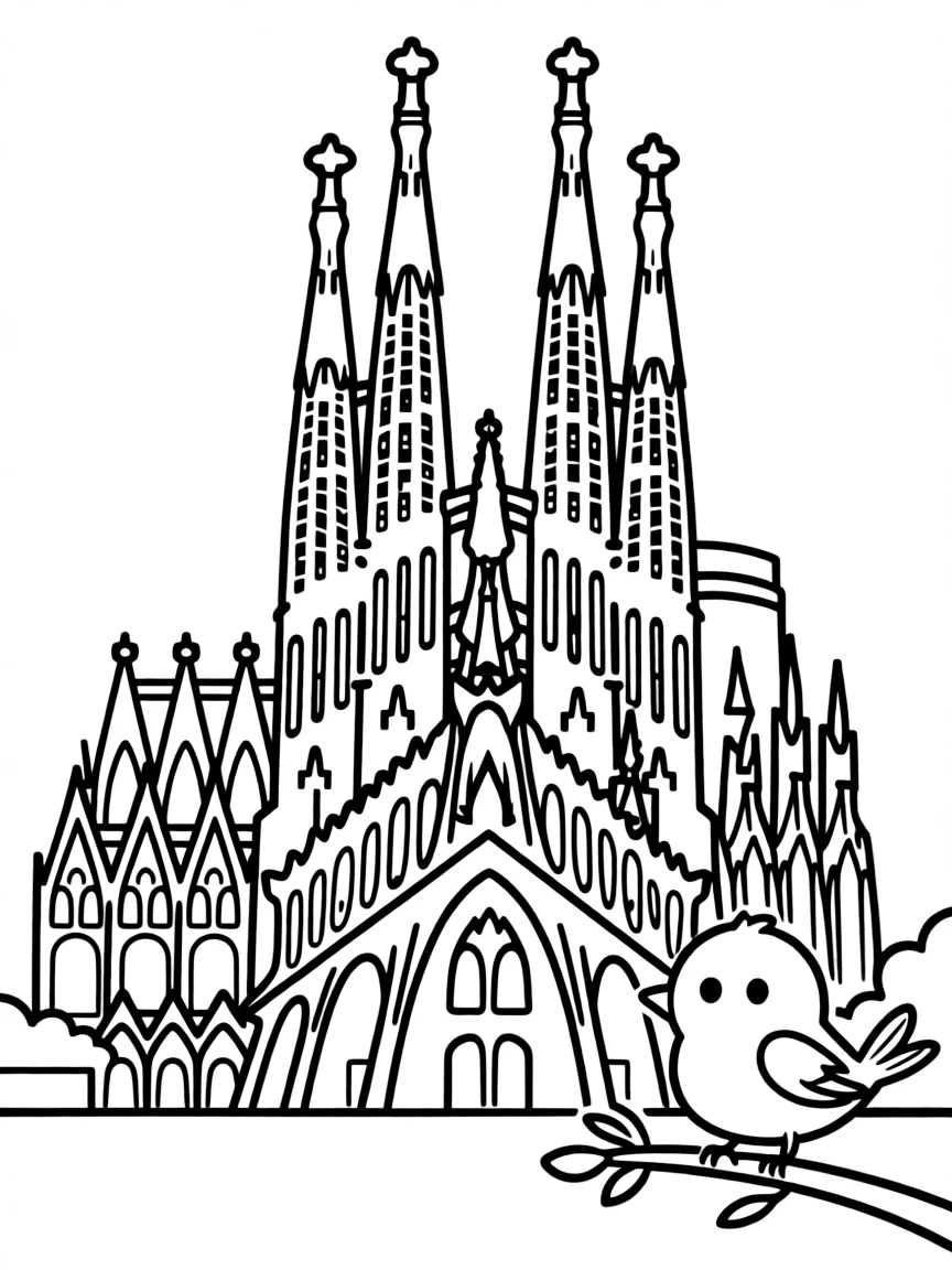 A simple outline of the Sagrada Familia in Barcelona, with a little bird.