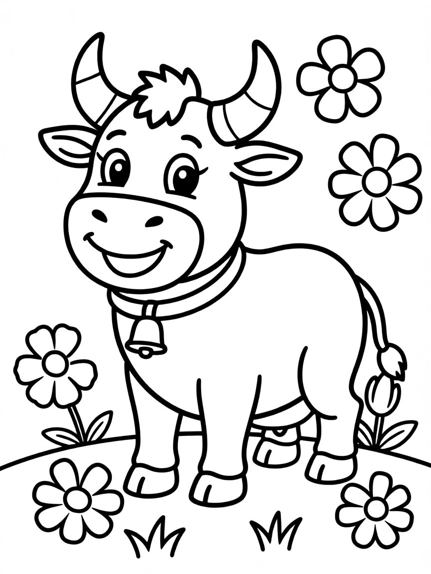 A cartoon-style drawing of a happy bull with flowers.