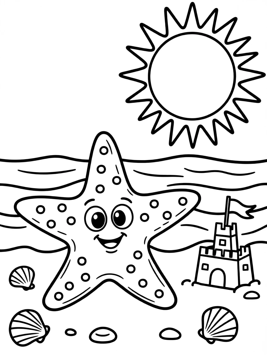 A cute drawing of a sunny beach with a friendly starfish.