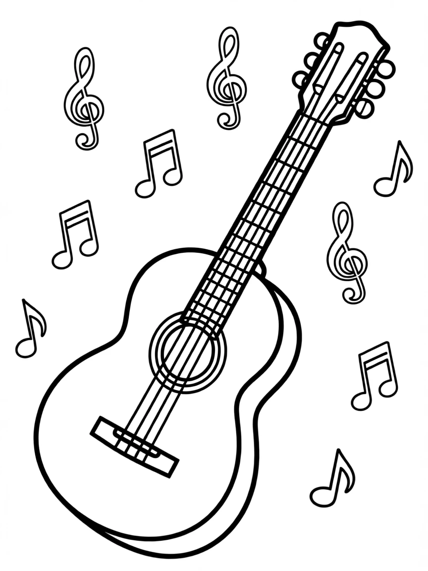 A simple outline of a Spanish guitar with musical notes.