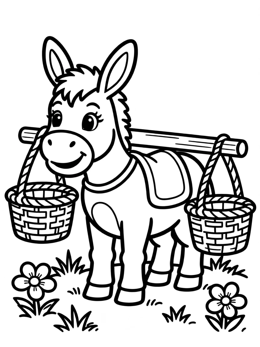 A cute drawing of a tiny donkey carrying baskets.