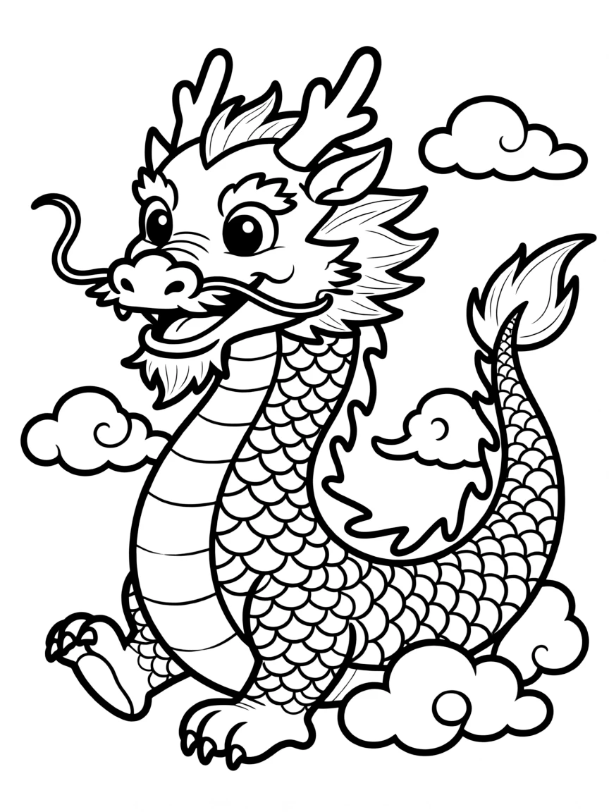 A cute drawing of a cheerful Chinese dragon.