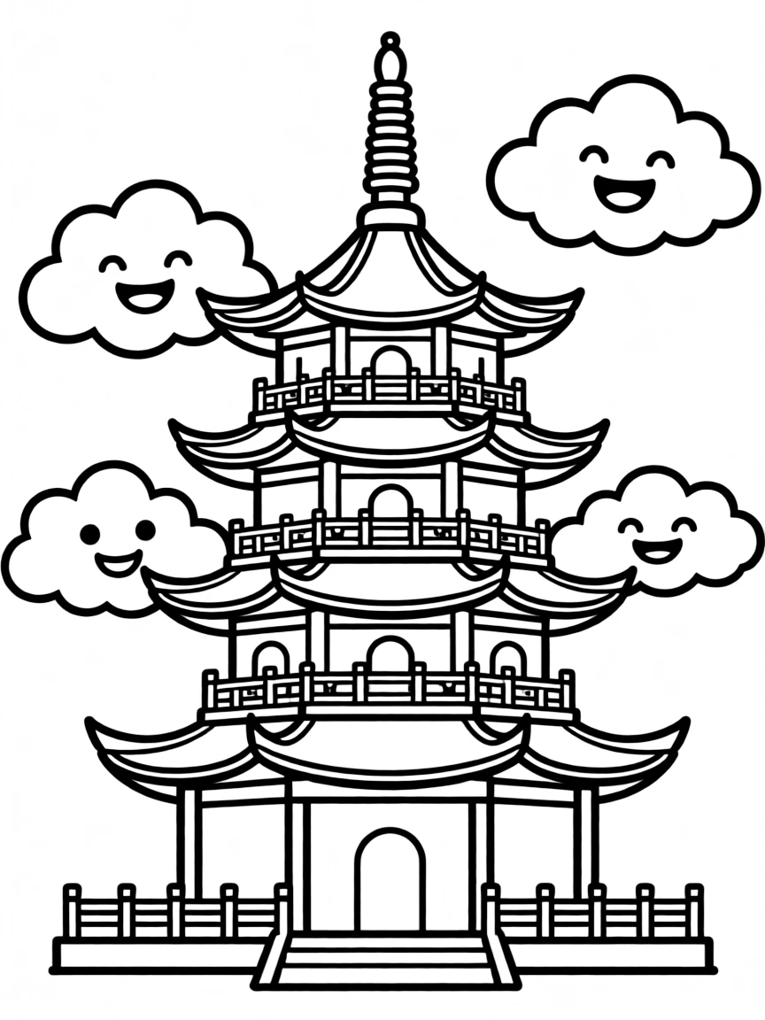 A simple outline of a pagoda with happy clouds.
