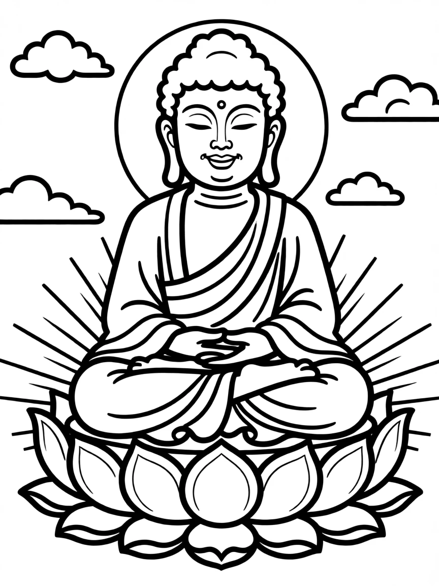 A cartoon-style drawing of a happy Buddha statue.
