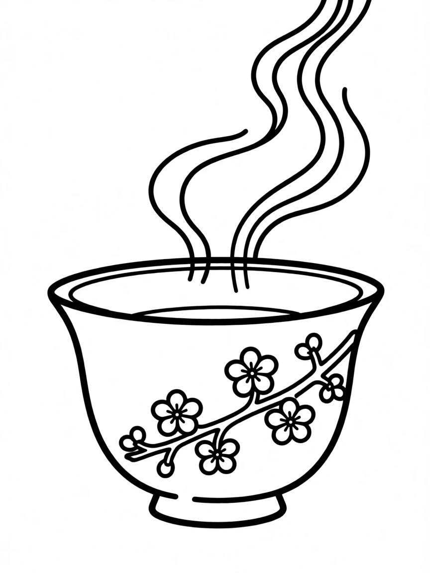 A simple outline of a Chinese teacup with steam.