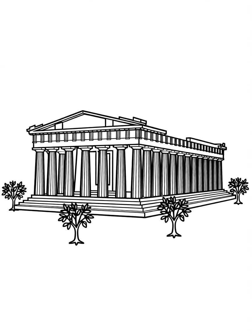 A simple outline of the Parthenon in Athens, with tiny olive trees.
