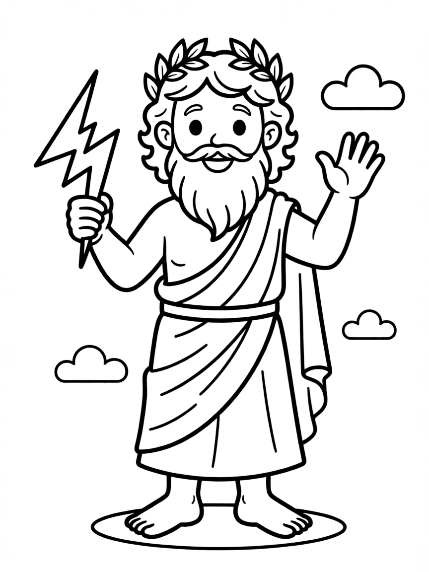 A cartoon-style drawing of a friendly Greek god (simplified Zeus).