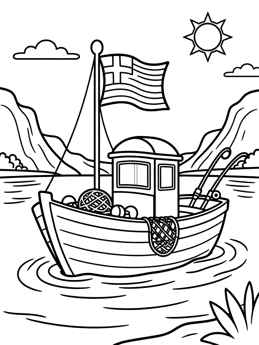 A cute drawing of a small Greek fishing boat.
