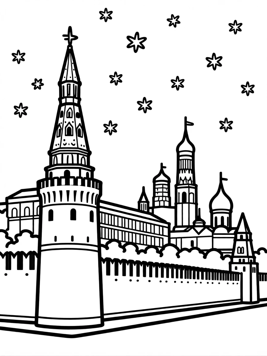 A simple outline of the Kremlin in Moscow, with tiny snowflakes.