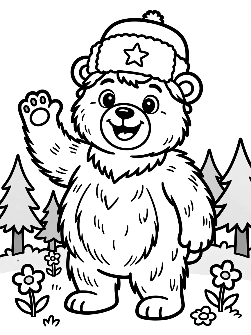 A cartoon-style drawing of a friendly Russian bear waving.