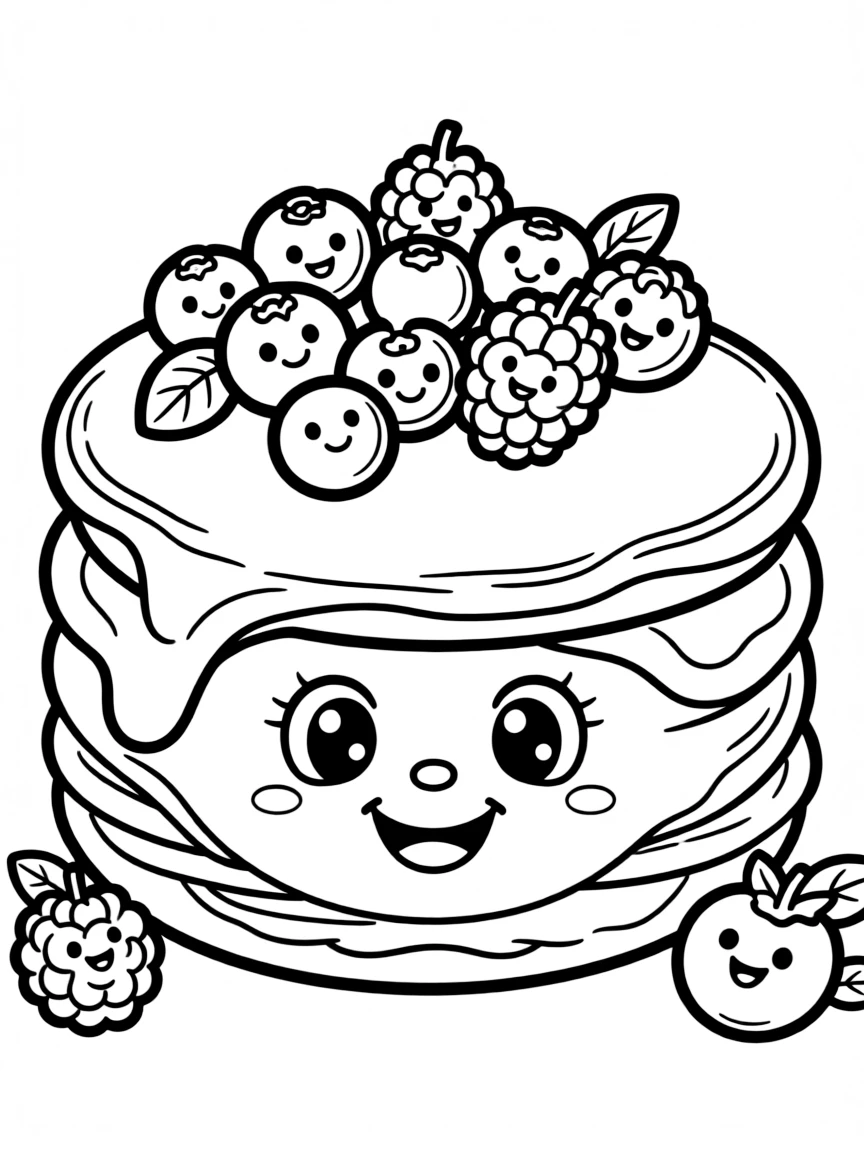 A cute drawing of a delicious blini with happy berries.