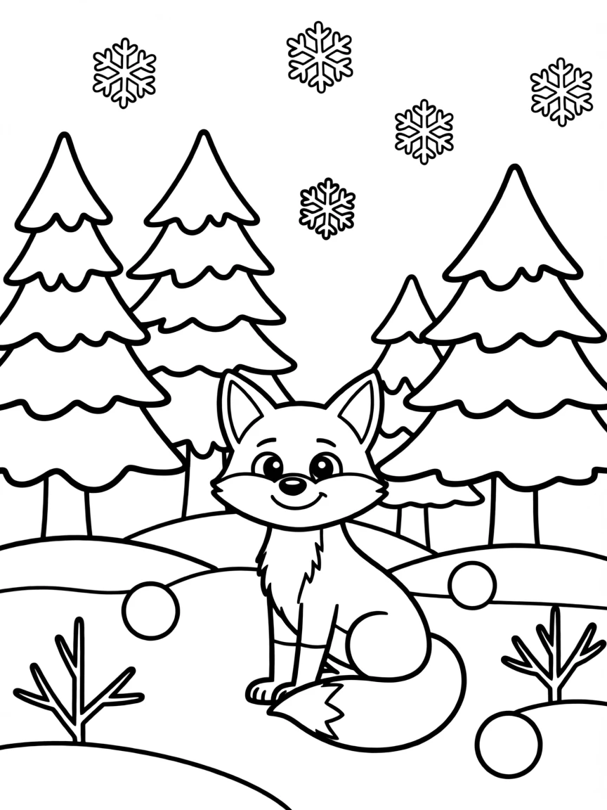 A simplified drawing of a snowy forest with a friendly fox.