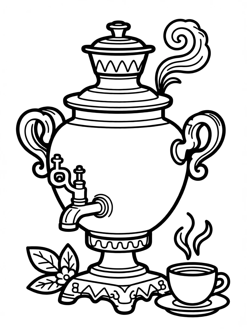 A cute drawing of a hot samovar tea pot.