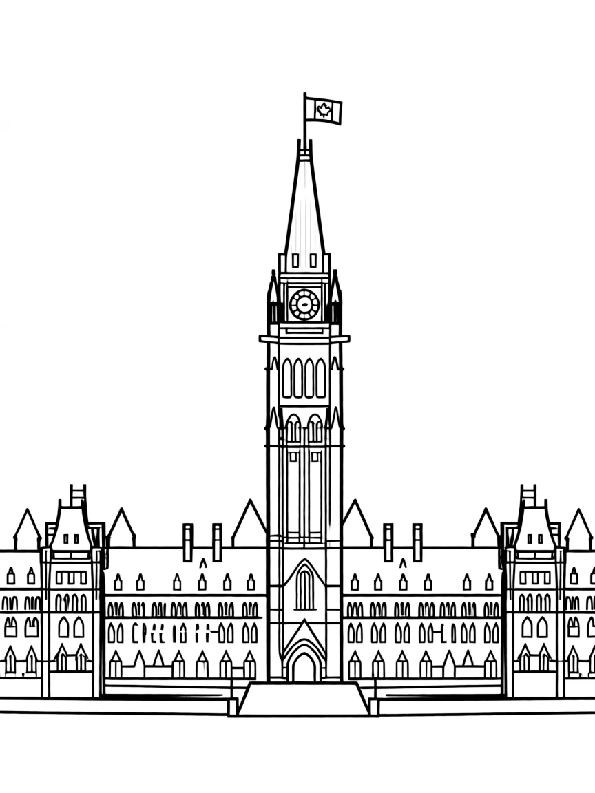 A simple outline of the Parliament Building in Ottawa, with a tiny flag.