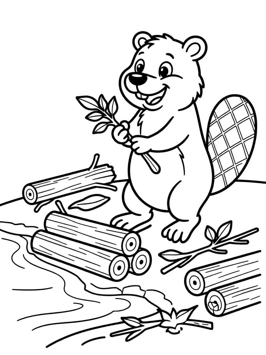 A cartoon-style drawing of a friendly beaver building a dam.