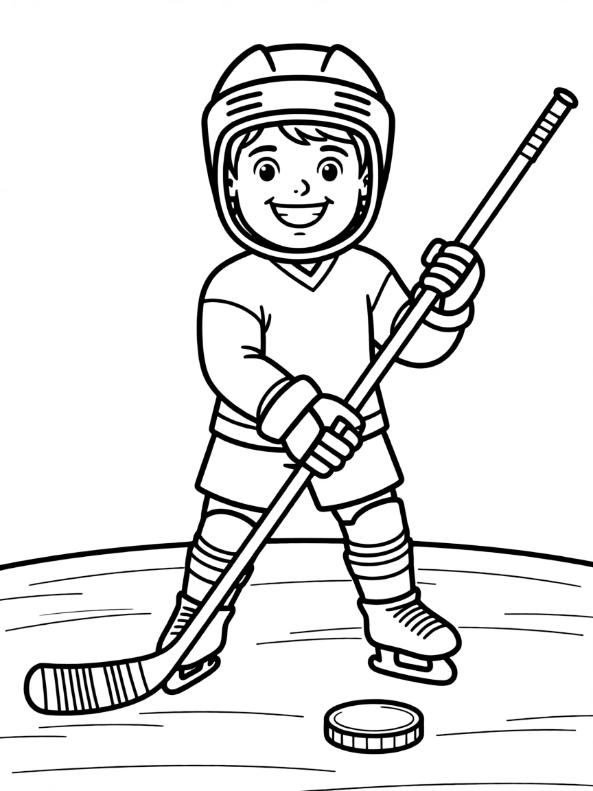 A cute drawing of a happy hockey player.