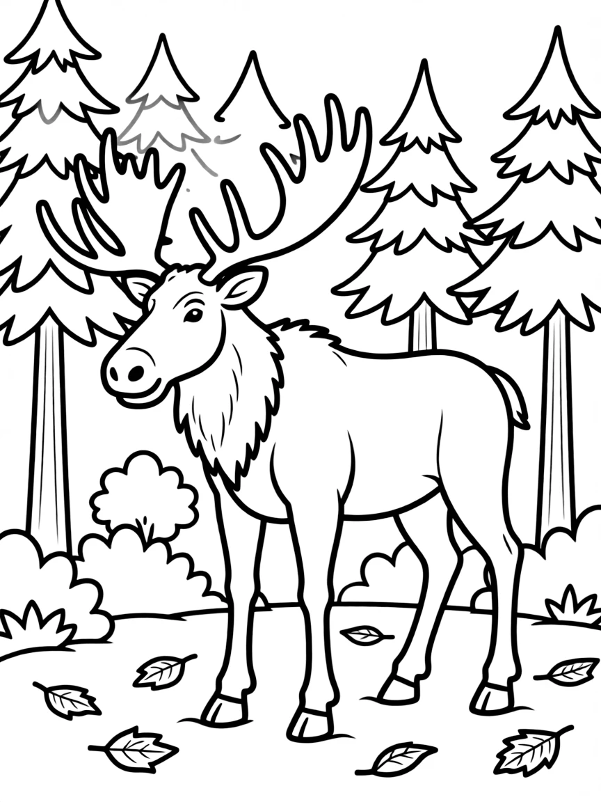 A simple outline of a majestic moose in a forest.