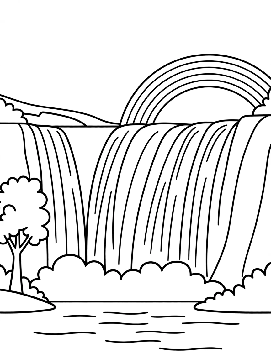A drawing of a simplified Niagara Falls with a happy rainbow.