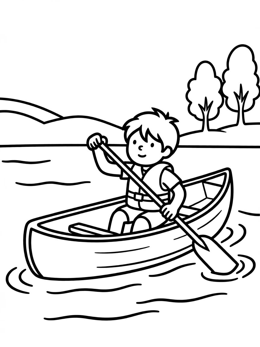 A simplified drawing of a canoe on a calm lake.