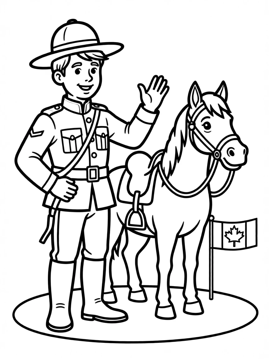 A cartoon-style drawing of a cheerful Canadian Mountie.