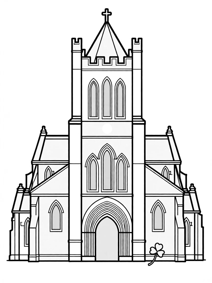A simple outline of the Christ Church Cathedral in Dublin, with a tiny shamrock.