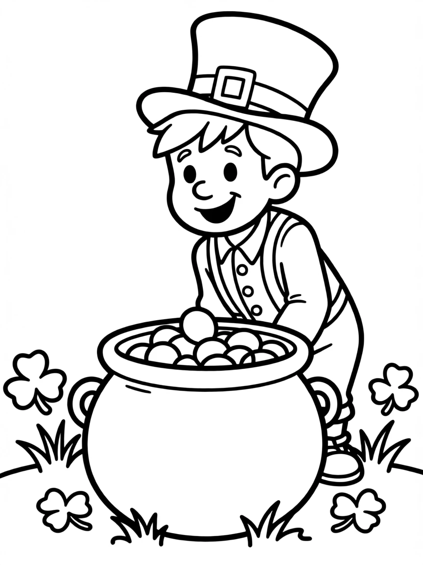 A cartoon-style drawing of a friendly leprechaun hiding a pot of gold.