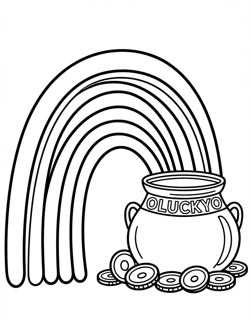 A cute drawing of a rainbow with a pot of gold.