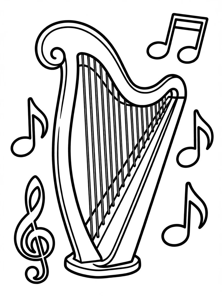 A simple outline of an Irish harp with musical notes.