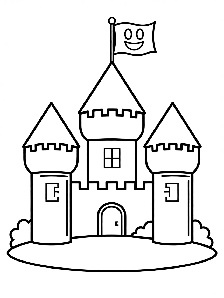 A drawing of a simplified Irish castle with a happy flag.