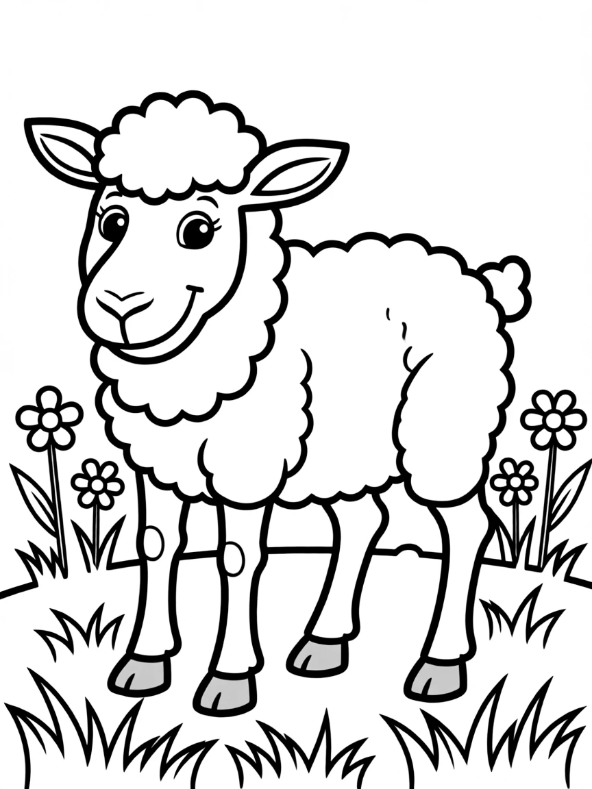 A cartoon-style drawing of a cheerful sheep grazing.