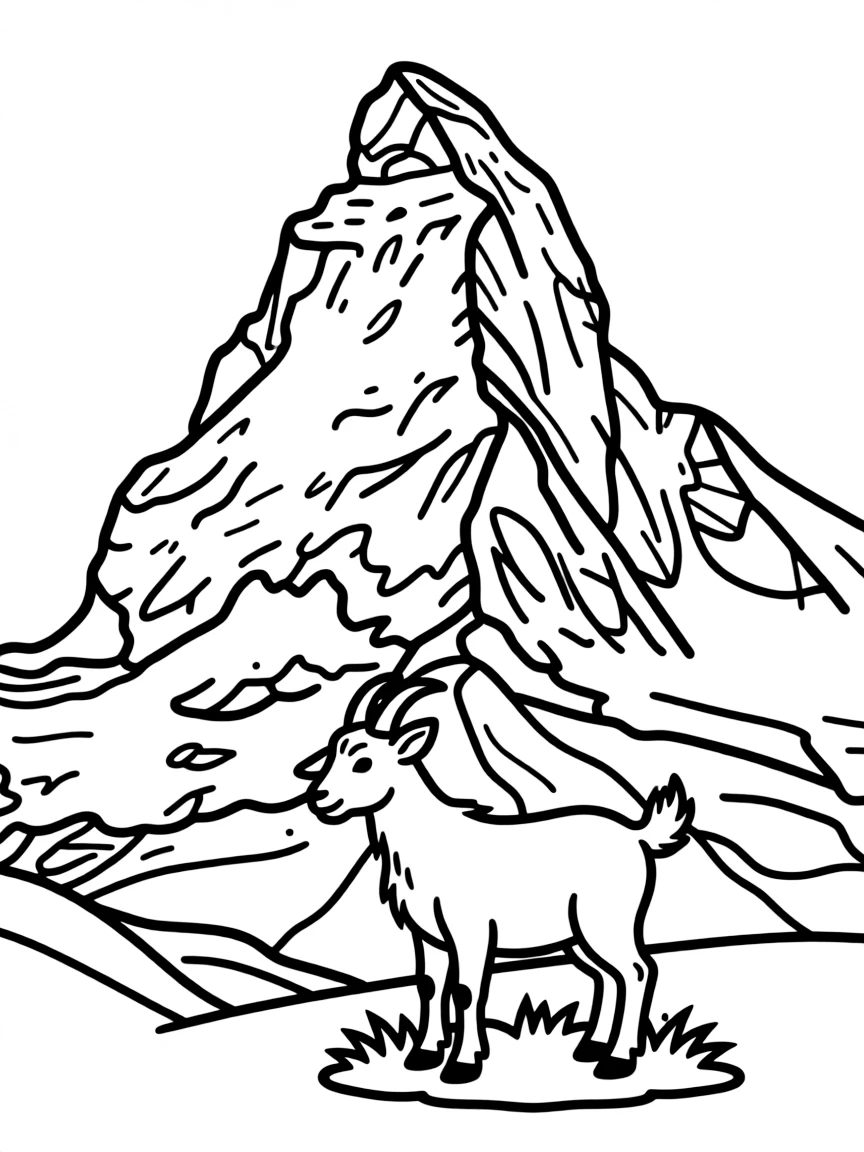 A simple outline of the Matterhorn in Switzerland, with a tiny goat.