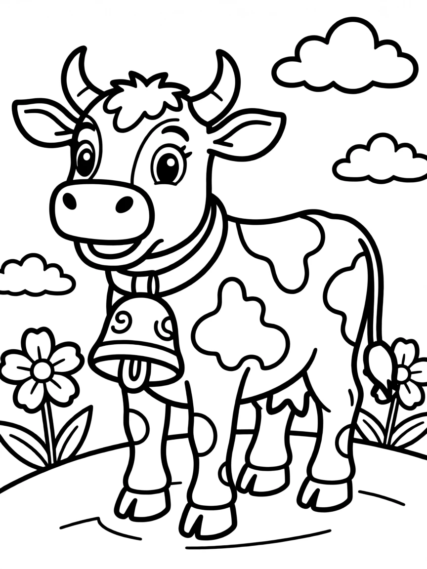 A cute drawing of a Swiss cow with a large bell.