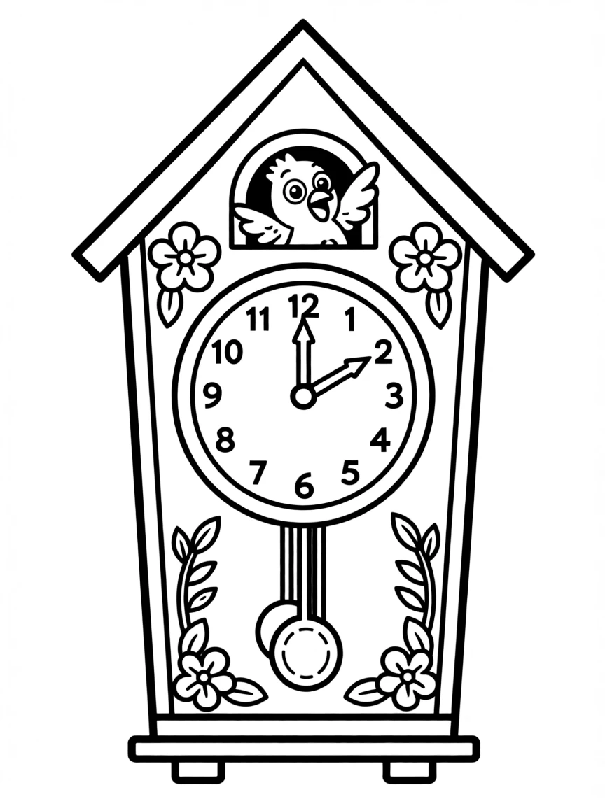 A simple outline of a cuckoo clock with a bird popping out.