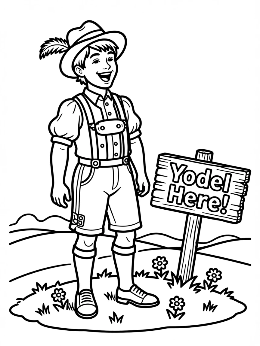 A cartoon-style drawing of a cheerful yodeler in traditional clothes.