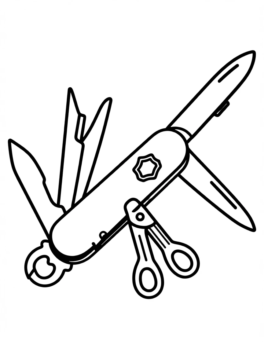 A simplified drawing of a Swiss army knife with open tools.