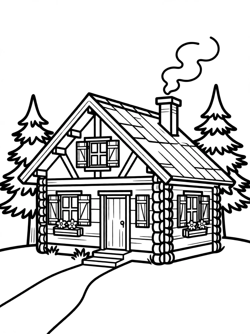 A cute drawing of a small Swiss chalet with smoke from the chimney.