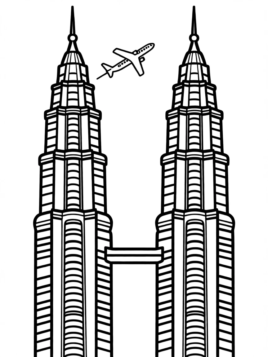 A simple outline of the Petronas Towers in Kuala Lumpur, with a tiny airplane.