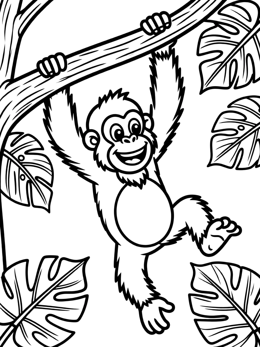 A cartoon-style drawing of a friendly orangutan swinging.