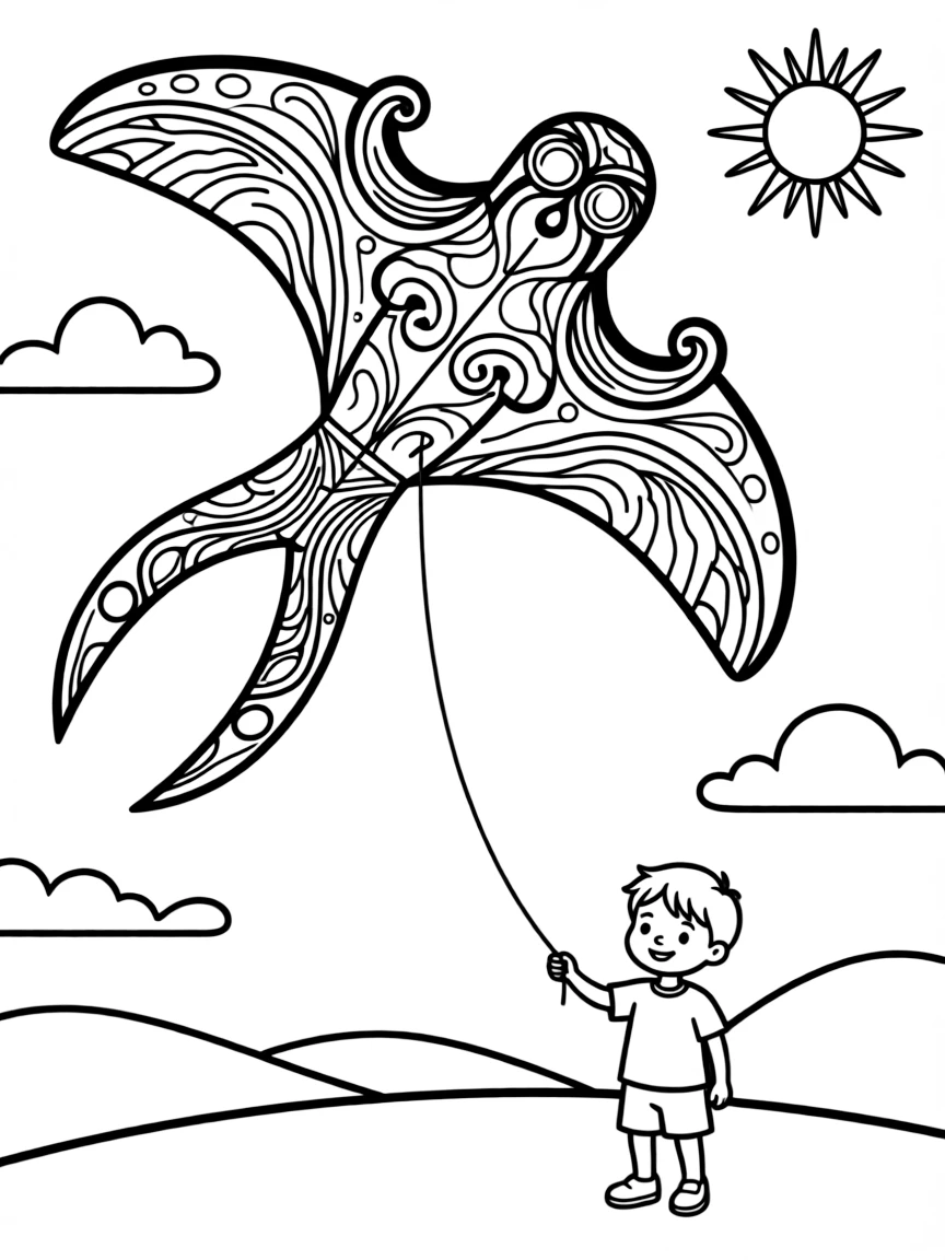 A simplified drawing of a traditional Malaysian kite (wau) flying high.