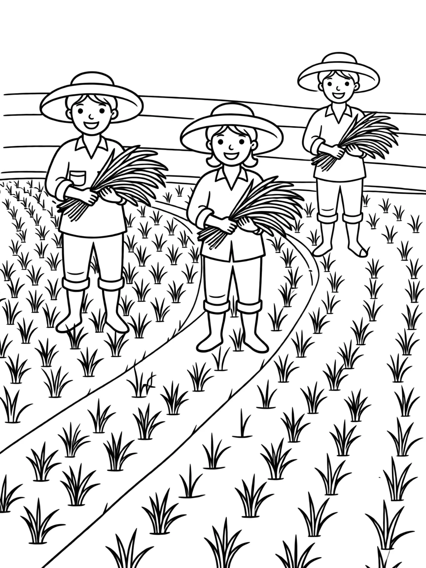 A simple outline of a rice paddy field with happy farmers.