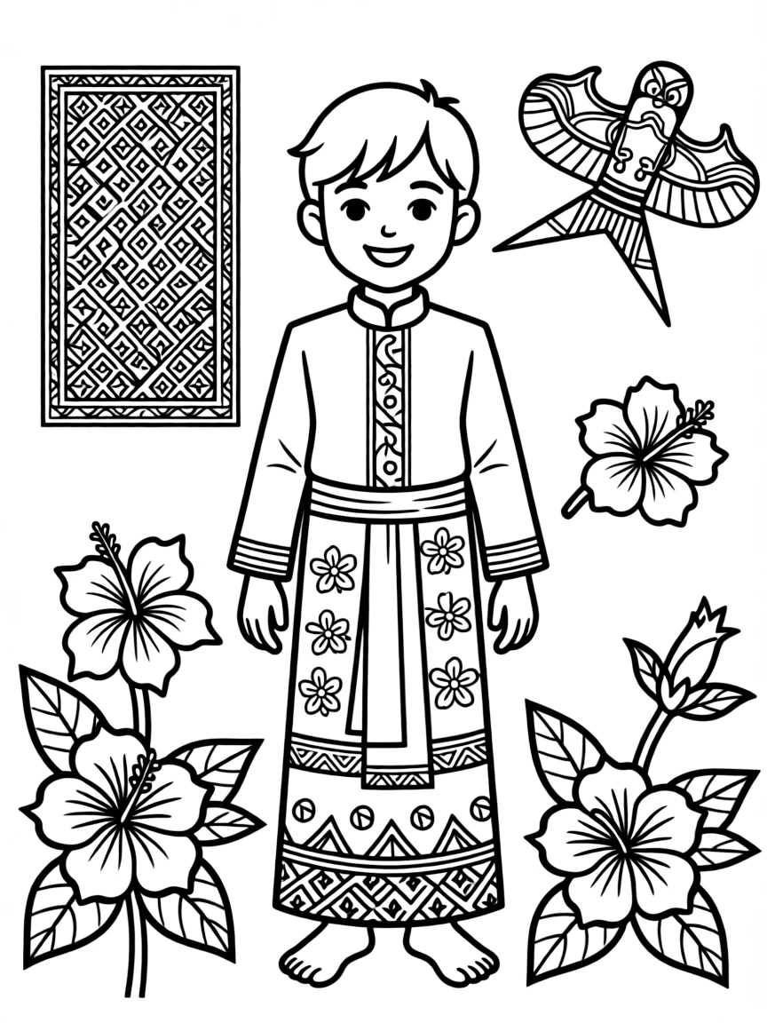 A cartoon-style drawing of a colorful traditional Malaysian costume.