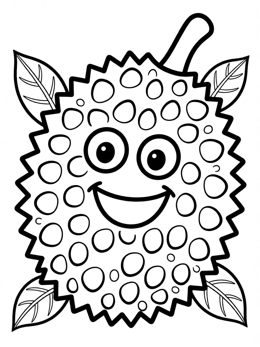 A simplified drawing of a tropical fruit (durian) with a happy face.