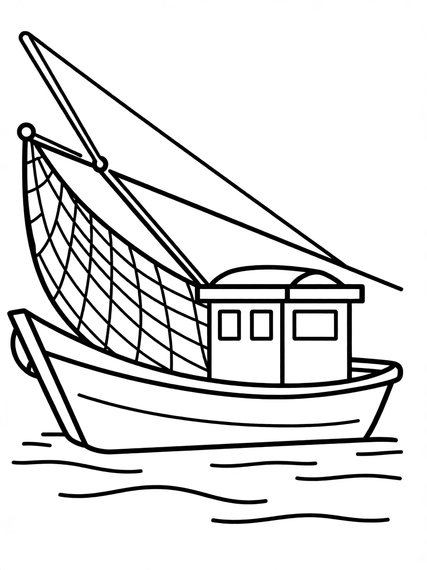 A simple outline of a Malaysian fishing boat with a net.
