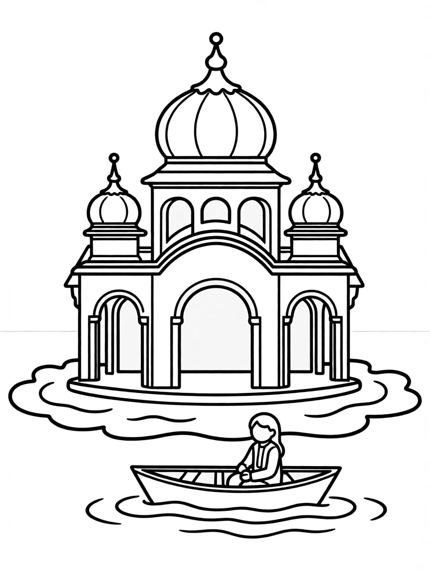 A simple outline of the Golden Temple in Amritsar, India, with a tiny boat.