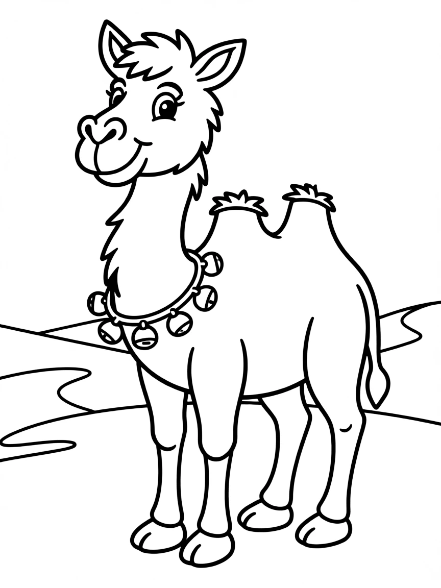 A cartoon-style drawing of a friendly camel wearing bells.